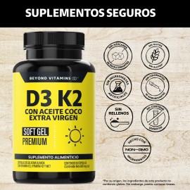 Vitamina D3  Vitamina K2 con Aceite de Coco Extra Virgen  MCT (Trigliceridos) Aceite Coco Capsulas Cpsula Blanda Premium - Vitaminas Mujer  Hombre -  