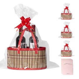 Decorative Woven Storage Gift Basket with Bag and Ribbon, Hamper for Home Organization, Holiday and Wedding Gift Packaging (red, 3pack)