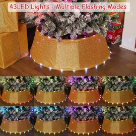 ATTGREAT 17 Light Modes Christmas Tree Collar, 30 Inch Christmas Tree Ring, Gold Silk Mesh Christmas Tree Skirt for Farmhouse Rustic Party Thanksgiving Christmas Decorations, Christmas Ornaments