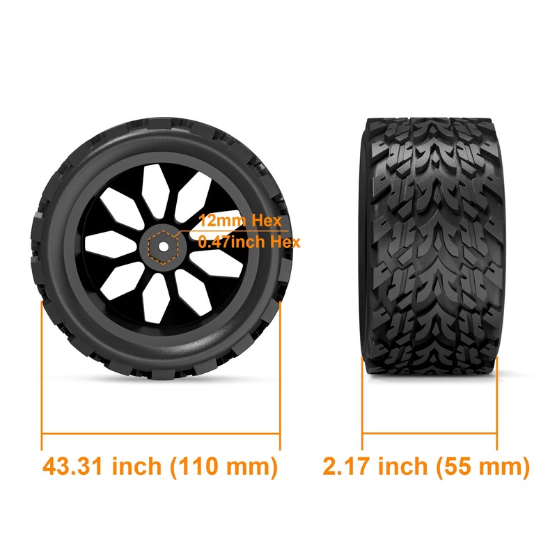 Hosim 4pcs 12mm hex Wheels and Tires for RIAARIO and