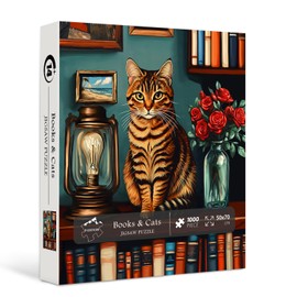 Cat 1000 Piece Puzzle for Adults, PICKFORU Vintage Book Jigsaw Puzzles, Cute Kitten Puzzle, Difficult Challenging Bookshelf Library Puzzle for Book Lover