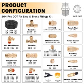 CheeMuii 100 PCS Brass DOT Air Line Fittings with 100FT 1/4" and 100FT 3/8" DOT Air Line Kit Push Lock Air Fitting Quick Connect & NPT Thread Fittings with Pneumatic Tubing