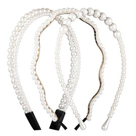 Luhaomisky 3 Pcs Pearl Headbands White Sparkly Rhinestones Faux Pearl Hairbands Bridal Hair Hoop for Women Party Wedding Accessories