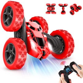 Remote Control Car for Kids Ages 6+, RC Cars Stunt Car Toy 4WD Double Sided 360° Rotating， 2.4Ghz Remote Control with Headlights, Drift RC Race Car Birthday Gifts for Boys 6 7 8 9 10 11 12 (Red)