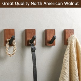 TOKCKYBL Coat Hooks Wall Mounted, 4-Pack Dark Walnut Wood Wall Hooks for Hanging Hats, Coats, Towels, Keys, Bags - Adhesive Hat Rack for Entryway, Bathroom - Rustproof Black Walnut Wooden Hangers