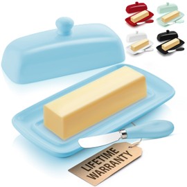 Zulay Butter Dish With Lid For Countertop - Porcelain White, Ceramic Butter Dish with Knob Handle Great for Cooking - Elegant Design Butter Holder - Durable & Sturdy Butter Keeper - Light Blue