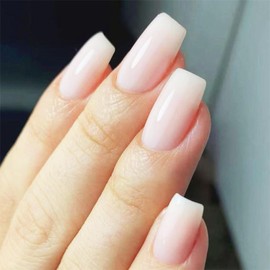 24Pcs Pink Gradient Press on Nails White Ombre Acrylic Full Cover Fake Nails Glossy Elegant Medium Coffin False Nail Lovely Gel Glue on Fingernails Simple Stick on Nail for Holiday Manicure Art