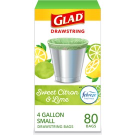Glad Small Trash Bags 4 Gallon, Febreze Sweet Citron & Lime Garbage Bags, Odor Resistant with Drawstring, 80 Count