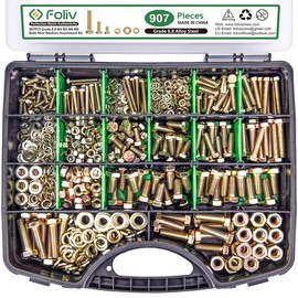 FOLIV 907/772/566/523 PCS Grade 8 Bolt Assortment Kit, Heavy Duty Bolts and Nuts Kit, 1/4-20 5/16-18 3/8-16 1/2-13 SAE Sizes Included (Upgraded Package) Alloy Steel Machinery:_907pcs M4 M5 M6 M8