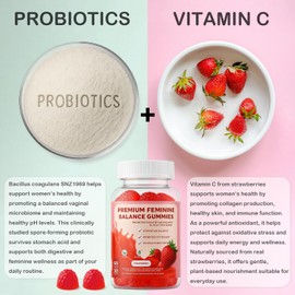 Gomitas probióticas vaginales femeninas para mujeres: apoyan el equilibrio del pH y la vitamina C, sabor a fresa, veganas, sin azúcar, sin OMG, 60 gomitas (30 porciones)