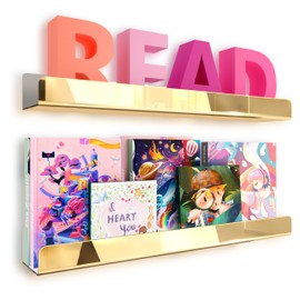 RORKIM 2 Pack 24 Inch Gold Reflective Acrylic Shelves, Gold Foating Shelves, Modern Sunglasses Essential Oil Picture Ledge Display Toy Storage Shelf