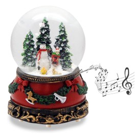 Snow globe snowman standing child on sleigh | base Christmas red fir garland | with music box | shaking ball Christmas decoration | W: 10 cm H: 14 cm | 20259