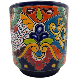 Talavera Cylinder Planter Large Flower Pot Cute Mexican Pottery Home Decor Indoor Outdoor Hand Painted Folk Art Multicolor Handmade 14.25" (Multi 2)