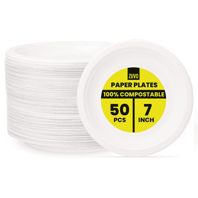 Zuvo Disposable Plates 50 Pack - 100% Compostable White Paper