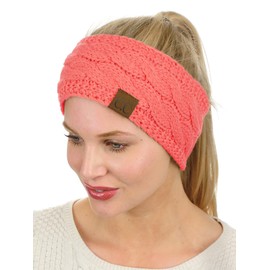 C.C Soft Stretch Winter Warm Cable Knit Fuzzy Lined Ear Warmer Headband, Coral