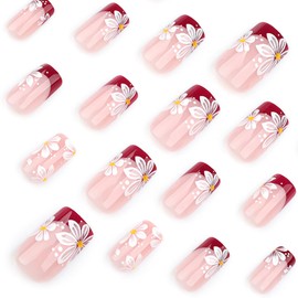 24 Pcs Spring Pink Press on Nails Short Square,LINMEIZAI Red French Cute Fake Nails Press ons Nail Tips Glue on Nails Full Cover Acrylic Nail Kit False Nails with Flowers Nail Art Design for Women
