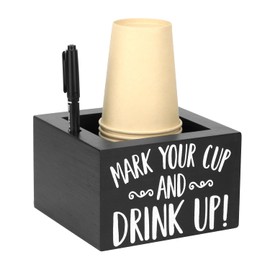QWORK Disposable Cup Holder with Marker Slot - Solid Wood, Wooden Party Cup Holder, Drink Caddy Dispenser Organizer Drink Up Cup Holder for Kitchen, Parties, Bathrooms, Housewarming Party Decor
