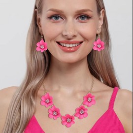 Ever Faith Hot Pink Flower Necklace for Women, Summer Boho Floral Flower Choker Necklace with Earrings Holiday Flower Jewellery