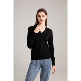 State Cashmere Women’s Essential V-Neck Sweater 100% Pure Cashmere Classic Long Sleeve Pullover (Black, X-Large)