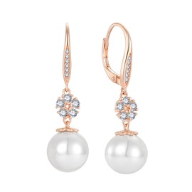 FATACI Pearl Earrings 925 Sterling Silver 10MM Pearl Flower Dangle Drop Leverback Earrings 5A Cubic Zirconia with Rose Gold Plated for Brides Bridesmaids Proms Birthday Jewerly for Women