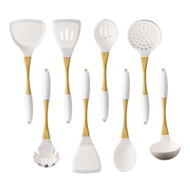 BRIIEC 8pcs Silicone Cooking Utensils with Strong Gold Handle, Rubber Kitchen Essentials for Home Apartment, Silicone Spatula Cooking Spoons for Nonstick Cookware - Golden Handle
