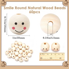 GORGECRAFT 60 Pieces Wooden Beads 25 mm Smiling Face Wooden Round Ball Spacer Beads Smiling Face Printed Doll Head Loose Beads with Hole for DIY Crafts Art Jewellery Making Bracelets