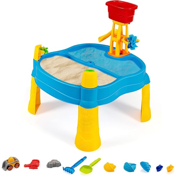 DREAMADE Sand & Water Activity Table, Children's Play Table with Rich Accessories, 70 x 70 x 81 cm with Umbrella Hole, Beach Toy for Indoor & Outdoor Use