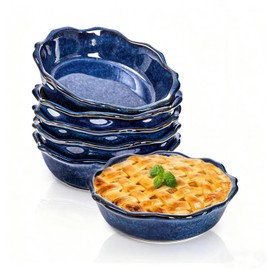 Peohud 6 Pack Ceramic Mini Pie Pans, 6 Inch Small Blue Pie Plate, 12 Oz Individual Pie Dish, Round Pot Pie Baking Dishes with Ruffled Edge for Dessert, Apple Pie, Microwave, Oven Safe