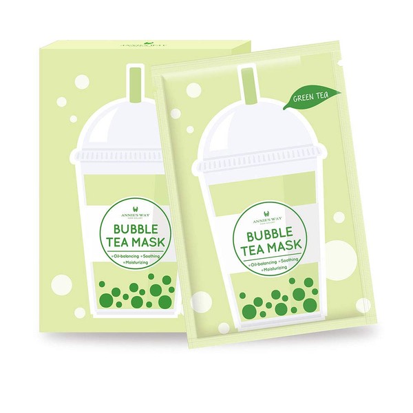 Annie's Way Taiwan Made Bubble Tea Scent Face Facial Mask Sheet, Soothing, Moisturizing, Hydrating, Brightening, Oil-Balancing Control Suitable for All Skin Conditions - Pack of 5 (Green Tea)