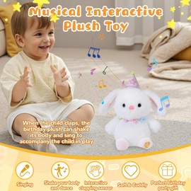 MILEGI Happy Birthday Interactive Bunny, Clapping Activates Singing Dancing Shaking, Musical Birthday Stuffed Animal Recording Mimicking Toy, Cute Bunny Plush Gifts for Kids Girls Boys