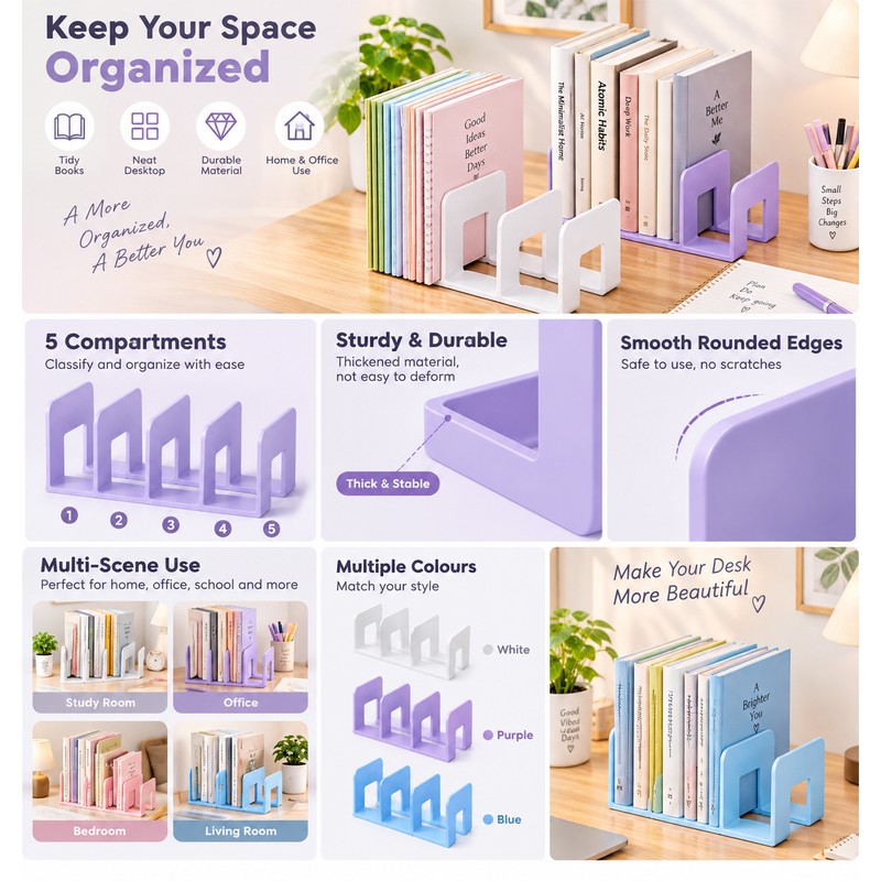 Multi Compartment Desktop Books Stand Organizer For Students Books And