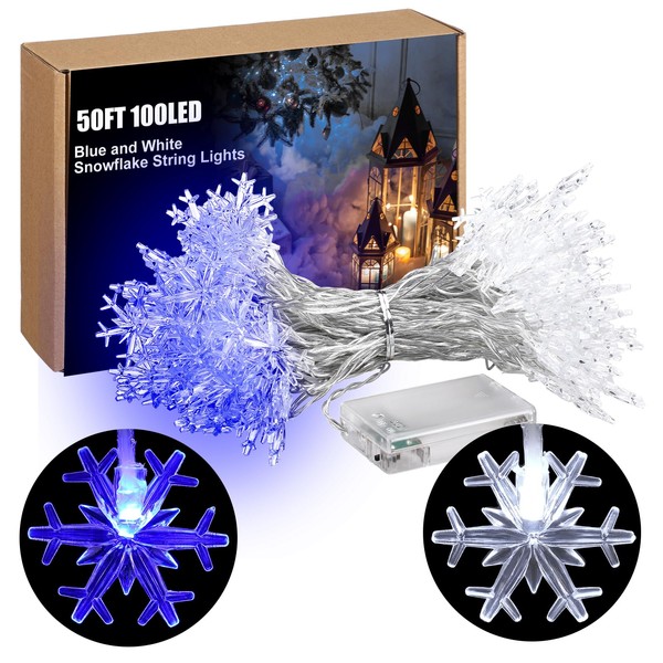Glooglitter 50 Ft 100 LED Christmas Snowflake String Lights, Blue