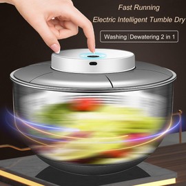 Electric Salad Spinner, 4.8L Large Capacity Lettuce Spinner Stainless Steel Salad Rotator Vegetable Dryer Fruit Washer Lettuce Cleaner Drainage Basket, USB Rechargeable Salad Dryer Food Dehydrator