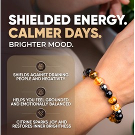 Conscious Items Quadruple Protection Bracelet, Black Obsidian, Hematite Stone, Tigers Eye & Citrine Bracelet, Grounding Crystal Stone Bracelets for Women & Men