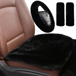 MLOVESIE Genuine Sheepskin Car Seat Cushion Natural Fur Seat Covers for Cars Trucks SUV Comfort Seat Protector Pad for Car Driver Seat Office Chair Wheelchair (Black)