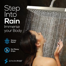 Sparkpod 12 Inch Rectangle Rain Shower Head - Ceiling or Wall Mount Rainfall Shower Head - Large Coverage - Brass Ball joint with 360° adjustment - Tool Free Installation (Elegant Brushed Nickel)