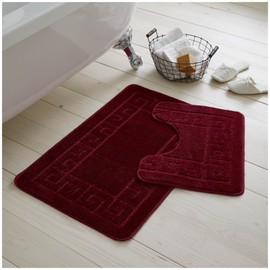 VELVETIO Bath Mat Set 2 Piece Machine Washable for Bathroom, Jacquard Greek Non Slip Quick Dry Shower Rugs & Bathtub Mats, Highly Water Absorbent 100% Polypropylene Toilet Rug Sets, Burgundy
