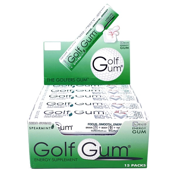 Golf Gum – The Golfers Gum - Liquid Core Xylitol Gum – Sugar-Free Gum, Aspartame-Free Gum, Caffeinated Gum – Spearmint Gum – 5 Pieces of Gum Per Pack (15 Pack)