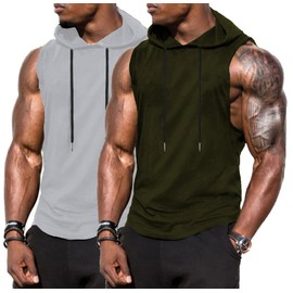 Babioboa Mens Lightweight Sleeveless Exercising Hoodie 2 Pack Muscle Hooded Tank Top Bodybuilding Top(Army Green/Grey,M)