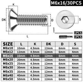 XRXYMQ 30 Pieces Countersunk Hex Socket M6 x 16 mm Countersunk Screws Stainless Steel 304 Stainless Steel Screws with Hex Key Electric Screwdriver Head