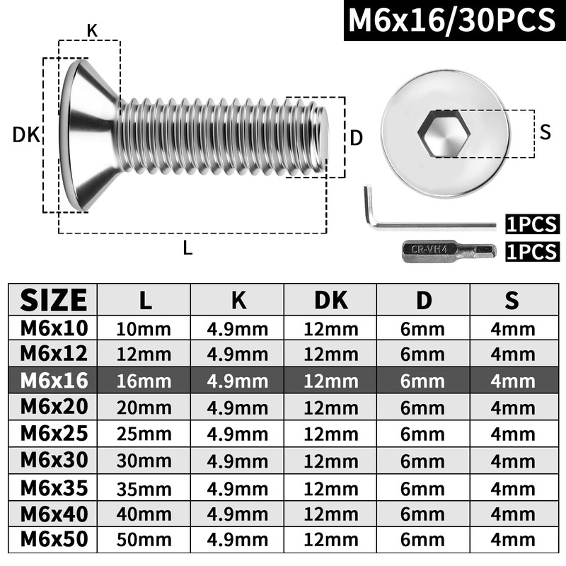 XRXYMQ 30 Pieces Countersunk Hex Socket M6 x 16 mm
