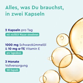 Black cumin oil - 1000 mg per daily dose (original Nigella sativa cold pressed) - 80% essential fatty acids + vitamin E - high proportion of unsaturated fatty acids (500 mg linoleic acid) - laboratory