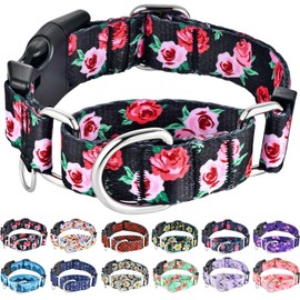 Fidohug Martingale Collar for Dogs Pink Floral Dog Collar for Large Dogs with Buckle Girl Female Soft Nylon Dog Collars (Black Pink Rose, L)