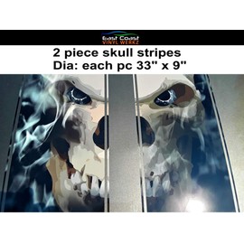Hood Decals - Racing Stripes - Skull in Black fire with Pinstripe - 2 pc Set - for: Ford Chevy gmc Pontiac Camaro Mustang car Truck 4x4 (Split Skull 2 pc Set)