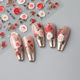 Valentines Nail Stickers 2 Sheets 5D Stickers for Nails Art Design with Red Pink Rose Embossed Self Adhesive DIY Nail Art Decoration Flower Nail Decals for Woman Girls