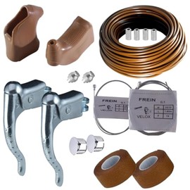 Brown Brake Lever Set : Hoods + Cable + Teflon HOUSING + GUIDOLINE Handlebar Tape + Chromed END Cap Bike Vintage Fixie SINGLESPEED Road City Race Bicycle Cycle (Complete set)