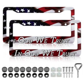 in God We Trust Christian American Flag License Plate Frames - 2 Pack Front Rear Patriotic US Flag Stainless Steel Metal Rust-Proof Waterproof Car Tag Frame Holder Covers with Screws Fasteners Caps