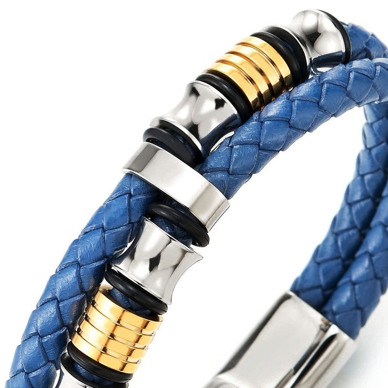 COOLSTEELANDBEYOND Mens Blue Braided Leather Bracelet Double-Row Bangle Wristband, Silver