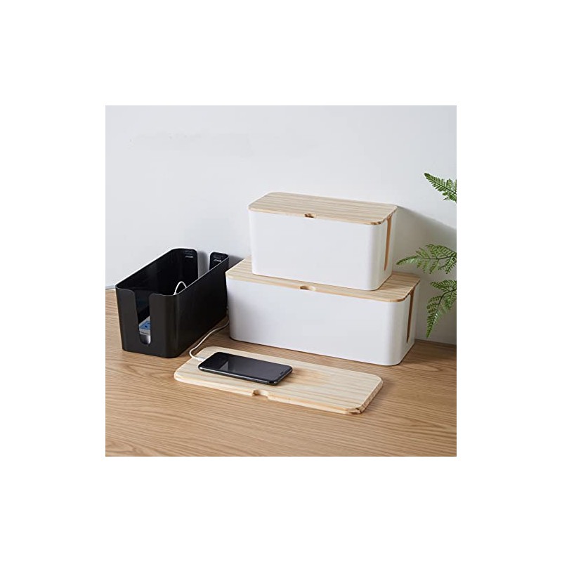 Cable Box with Bamboo Lid, Cable Management Organiser, Storage Box