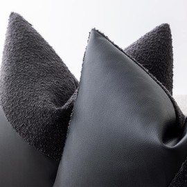 SINYASAN Boucle Throw Pillow Covers 24"x24" Set of 2, Charcoal Black Decorative Textured Cushion Covers with Faux Leather Patchwork, Boho Farmhouse Accent Pillowcases for Organic Aesthetic Home Decor